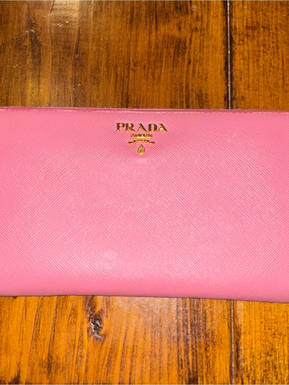 Prada Pink Saffiano Zip-Around Wallet with Gold Logo